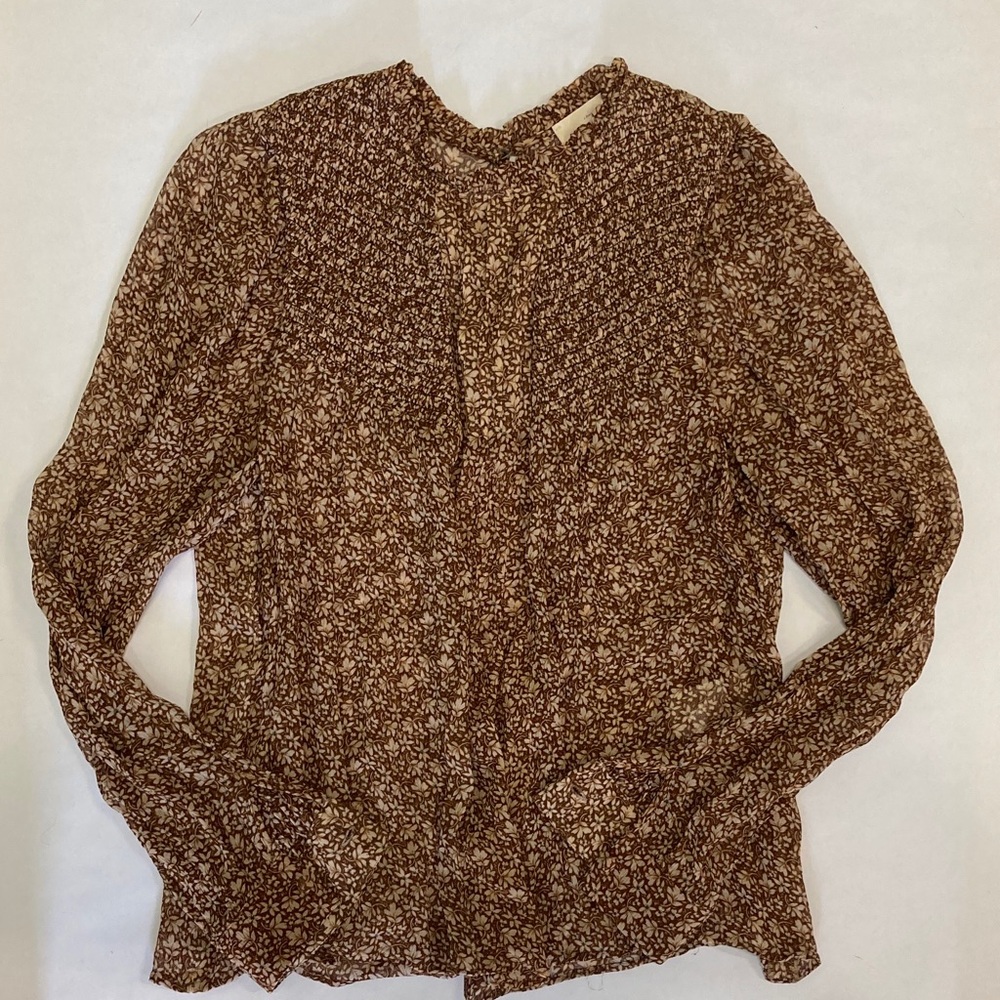 Sezane “Mirta” Floral Print Blouse in Brown and Cream